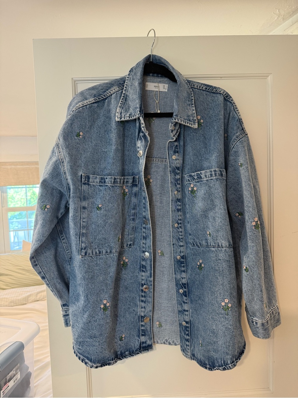 Mango Denim Floral Embroidered Shacket - Light Blue